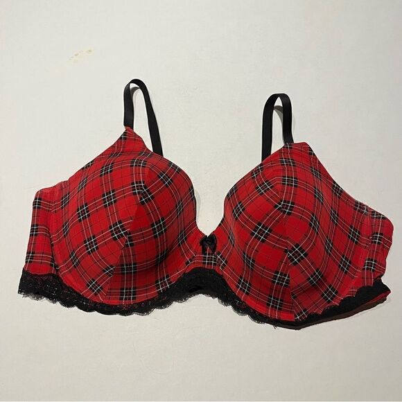 Adore Me Bra Red and Black Plaid with Lace Trim Size 44D - Picture 1 of 7